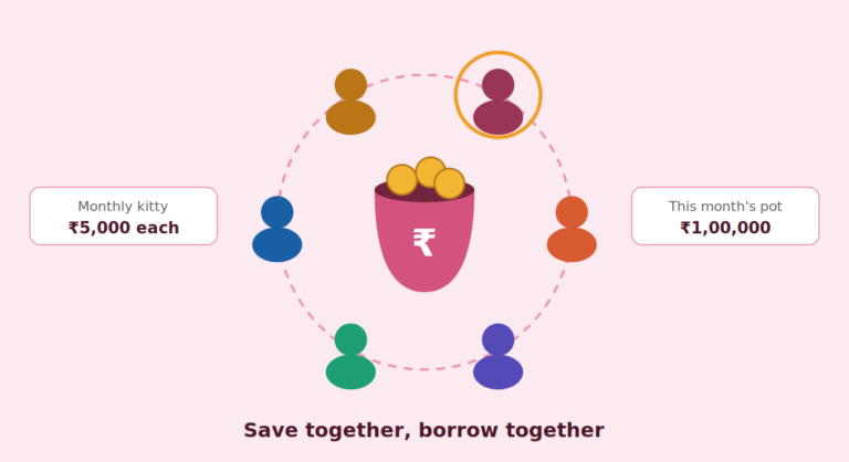 Infographic showing a group of 6 people contributing to a shared monthly pot of ₹1,00,000, with individual contributions of ₹5,000 each