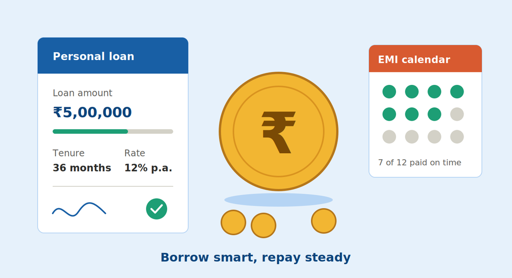 A checklist graphic illustrating responsible borrowing: a sample personal loan of 5 lakh rupees at 12% interest over 36 months, alongside an EMI calendar showing 7 of 12 payments made on time